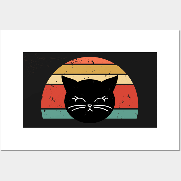 Retro sunset Cute Black Cat face Wall Art by WassilArt